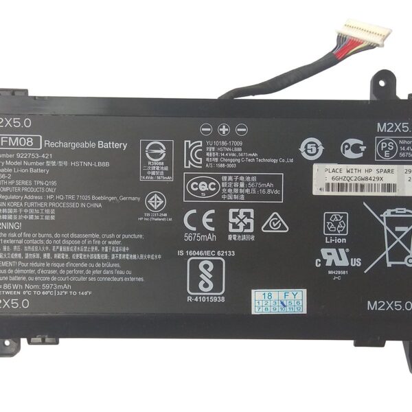 14.4V 86Wh 5675mAh HP original FM08 Laptop Battery compatible with HP Omen 17-an014ng HSTNN-LB8B 922753-421 922977-855 Series 16 Cables