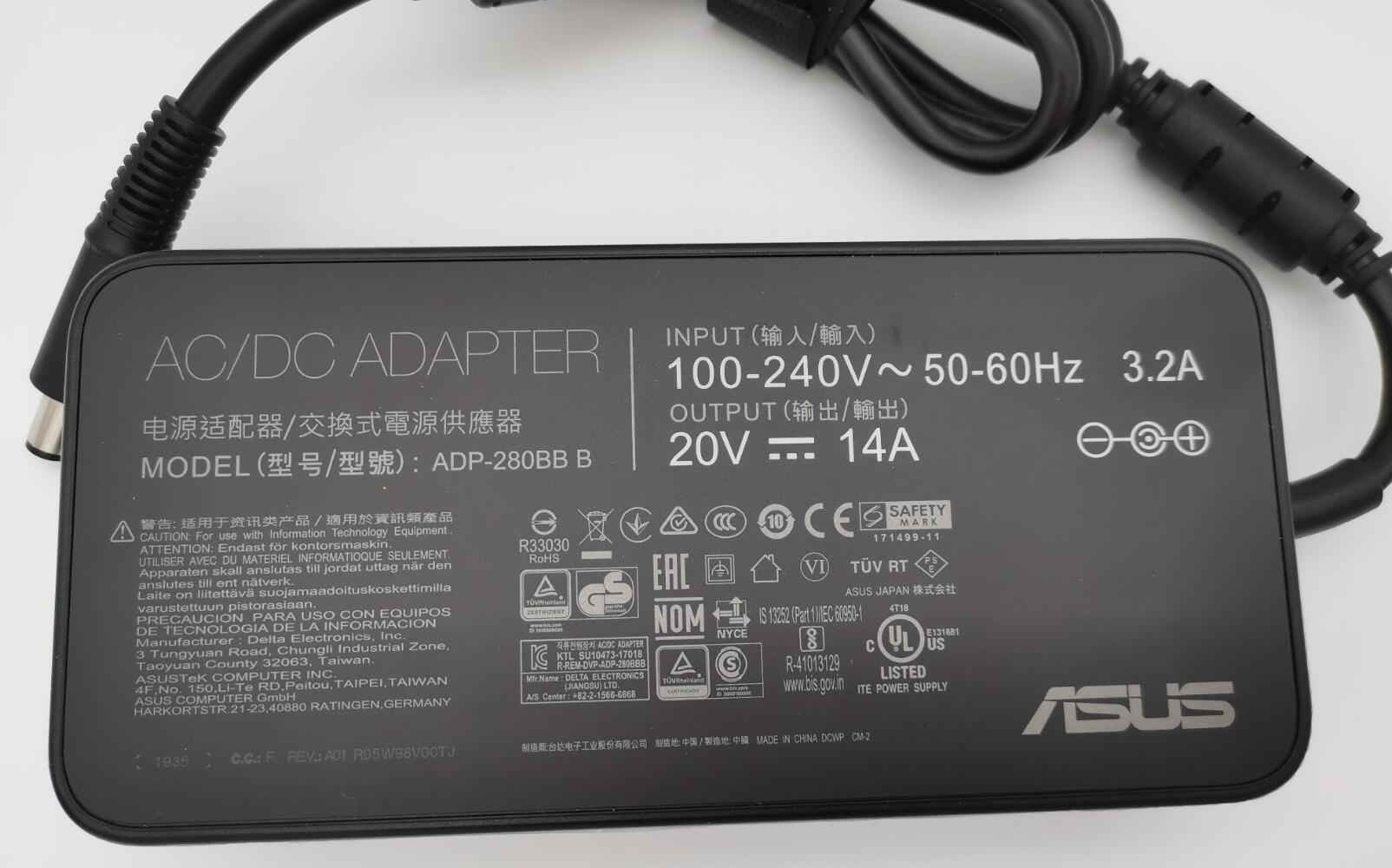 ASUS Original 280W 20V 14A 0A001-00610500, ADP-280BB B Laptop Charger for ASUS G703GI-E5032T-- MPN: ASUS 280W 7.4mm
